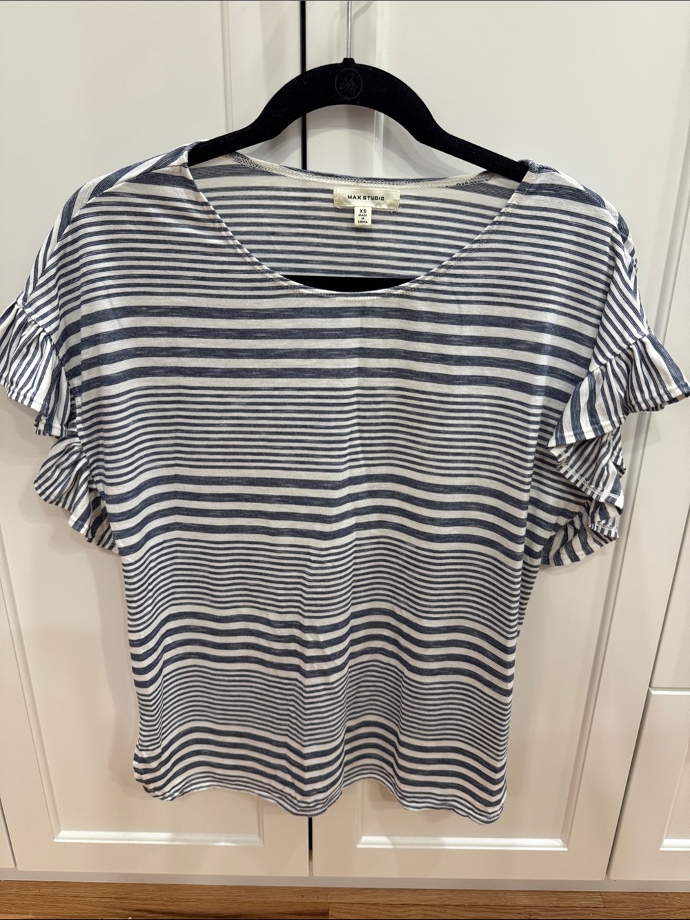 Max Studio Navy & White Striped Ruffle Sleeve Tee
